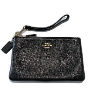 Coach Black Pebbled Leather Wristlet Gold Tone Logo Hardware